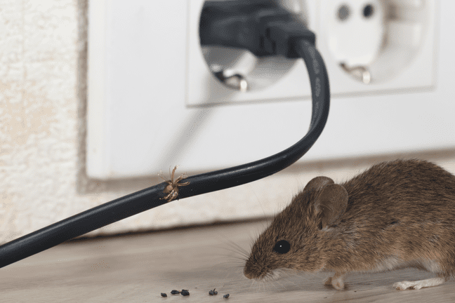 Closeup mouse sits near chewed wire and electrical outlet in an apartment kitchen .